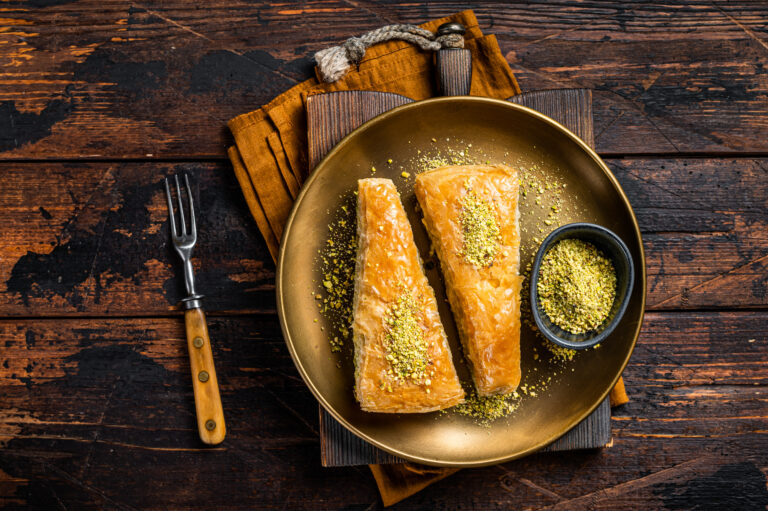 carrot slice baklava turkish havuc dilim baklava with pistachio wooden background top view