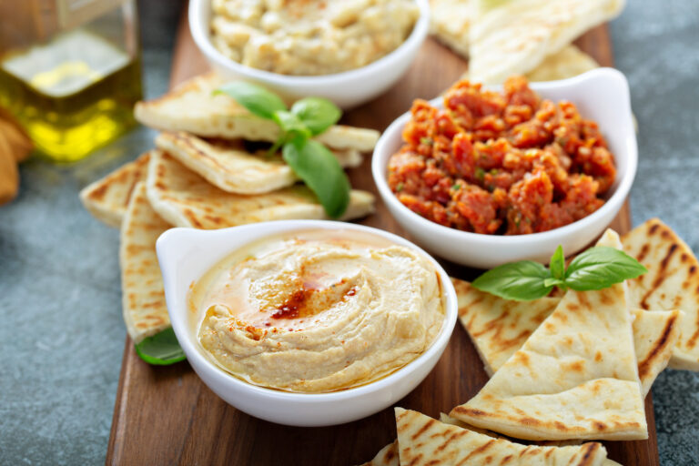 mezze board with pita and dips