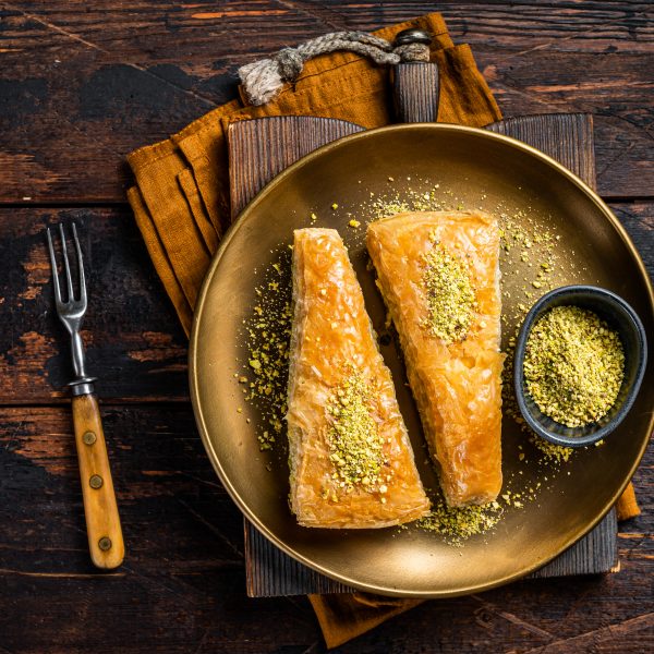 carrot slice baklava turkish havuc dilim baklava with pistachio wooden background top view